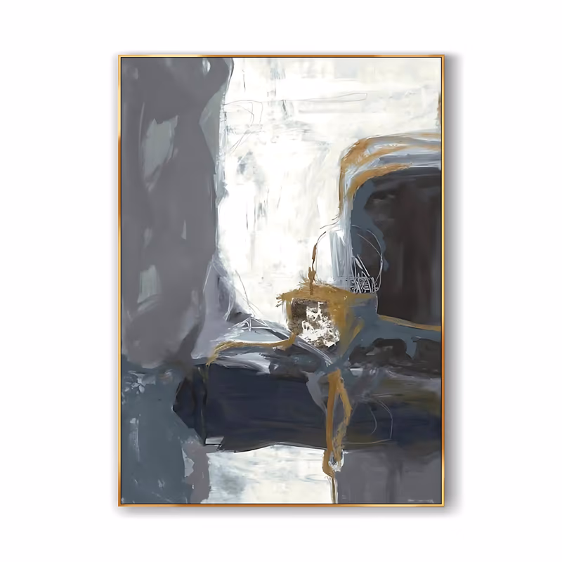 a large vertical abstract painting of soft gray and deep navy forms on an off-white ground, cut by thin ochre lines and a small gritty gold square near the center, in dry-brushed oil