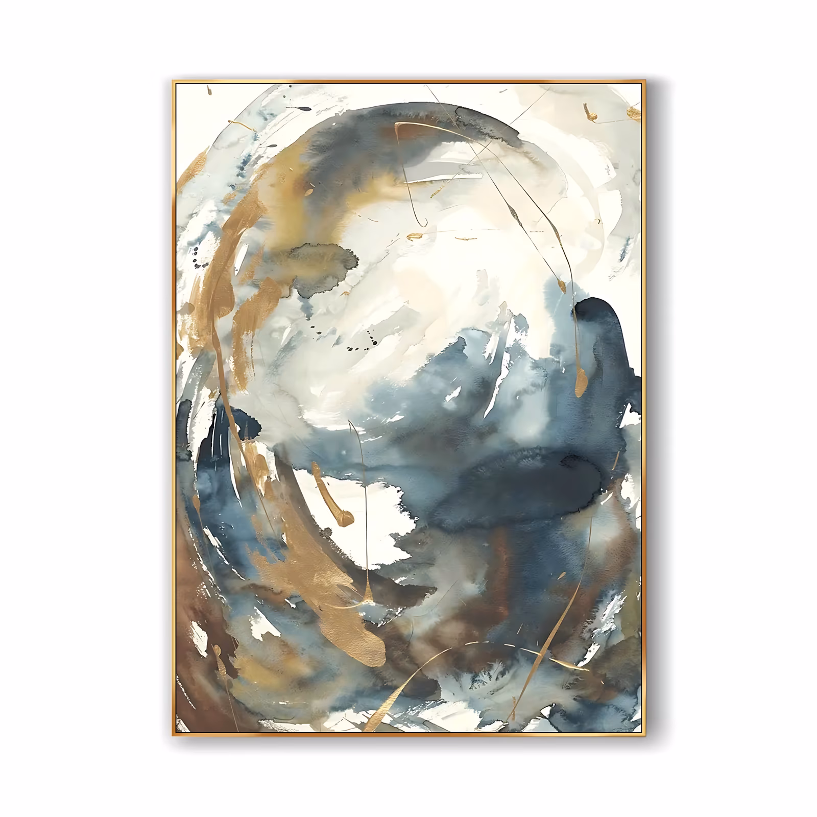 a large vertical abstract painting of a swirling watercolor ring in slate navy, rust brown and metallic gold on a cream ground, the circular sweep filling the center of the canvas, in thin washed acrylic