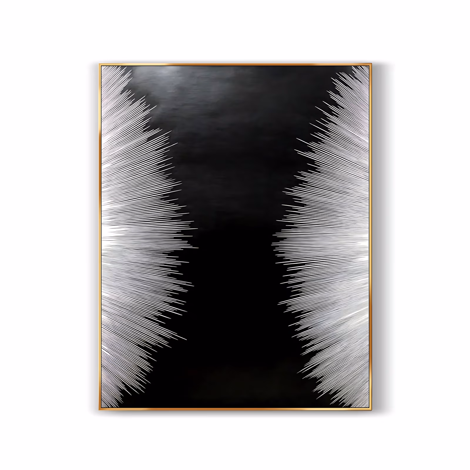 a tall vertical abstract painting of two facing fans of fine white and silver lines radiating inward from the left and right edges over a smoky black ground, in hand-brushed acrylic