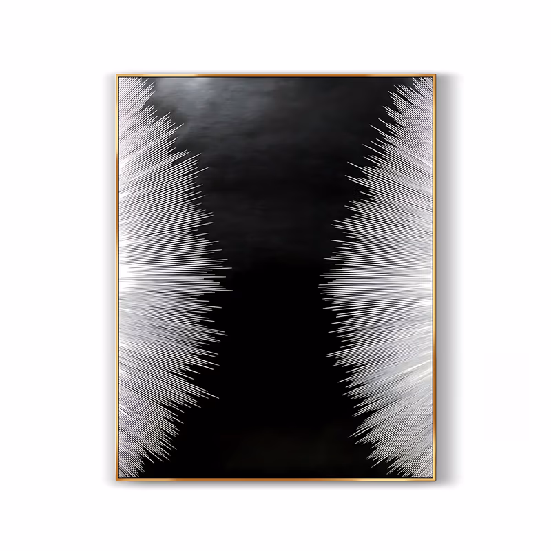 a tall vertical abstract painting of two facing fans of fine white and silver lines radiating inward from the left and right edges over a smoky black ground, in hand-brushed acrylic