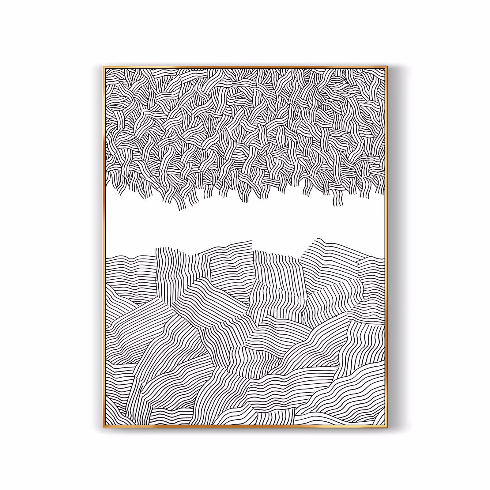a large vertical black and white painting of dense wavy ink lines massed into a canopy band along the top, a bare white gap through the center and ridged striped hills filling the lower half, in fine pen and acrylic