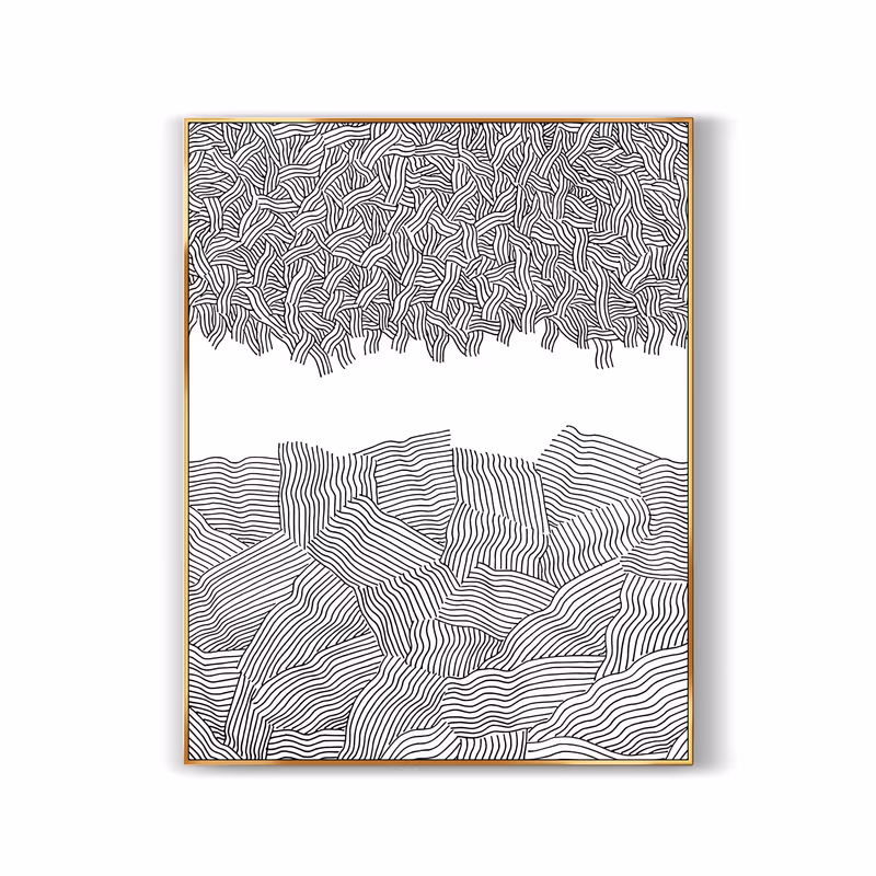 a large vertical black and white painting of dense wavy ink lines massed into a canopy band along the top, a bare white gap through the center and ridged striped hills filling the lower half, in fine pen and acrylic