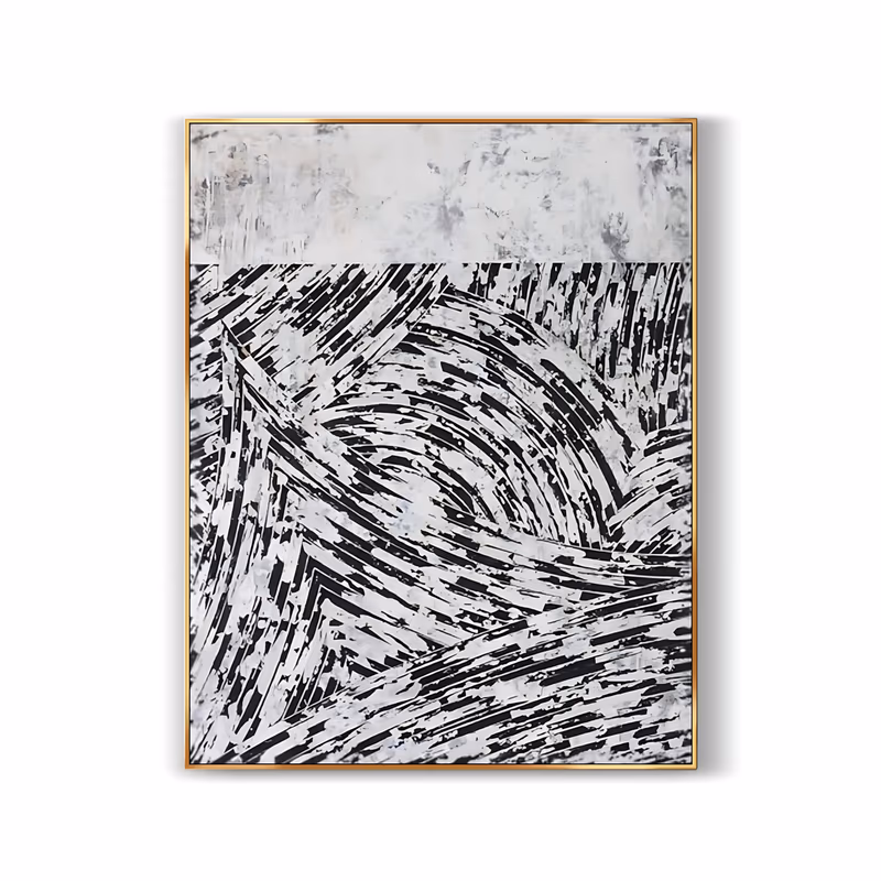 a large vertical abstract painting with a pale plaster band along the top and dense curved black knife strokes fanning over white through the lower two thirds, in thick palette-knife impasto