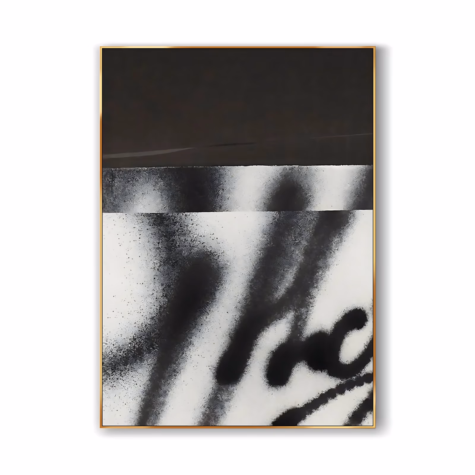 a large vertical abstract painting with a solid black band along the top third and a white lower field marked by soft sprayed charcoal strokes that read like blurred handwriting, in flat spray and acrylic