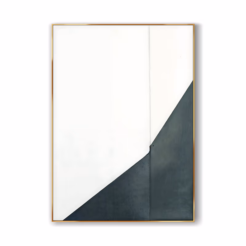 a large vertical minimalist painting of a plain white field with a single dark green wedge rising from the bottom right corner, its lower band lightly speckled, in flat chalky matte paint