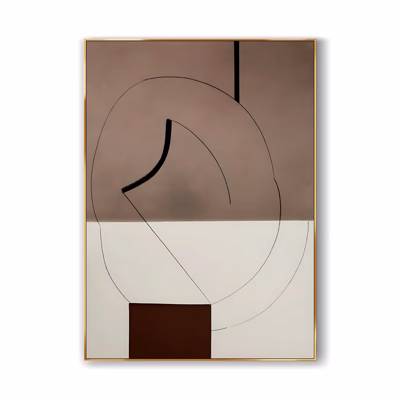 a large vertical minimalist painting with a mauve-brown field over a cream lower half, a thin drawn circle and a hooked black line at the center and a dark maroon block at the base, in flat matte acrylic