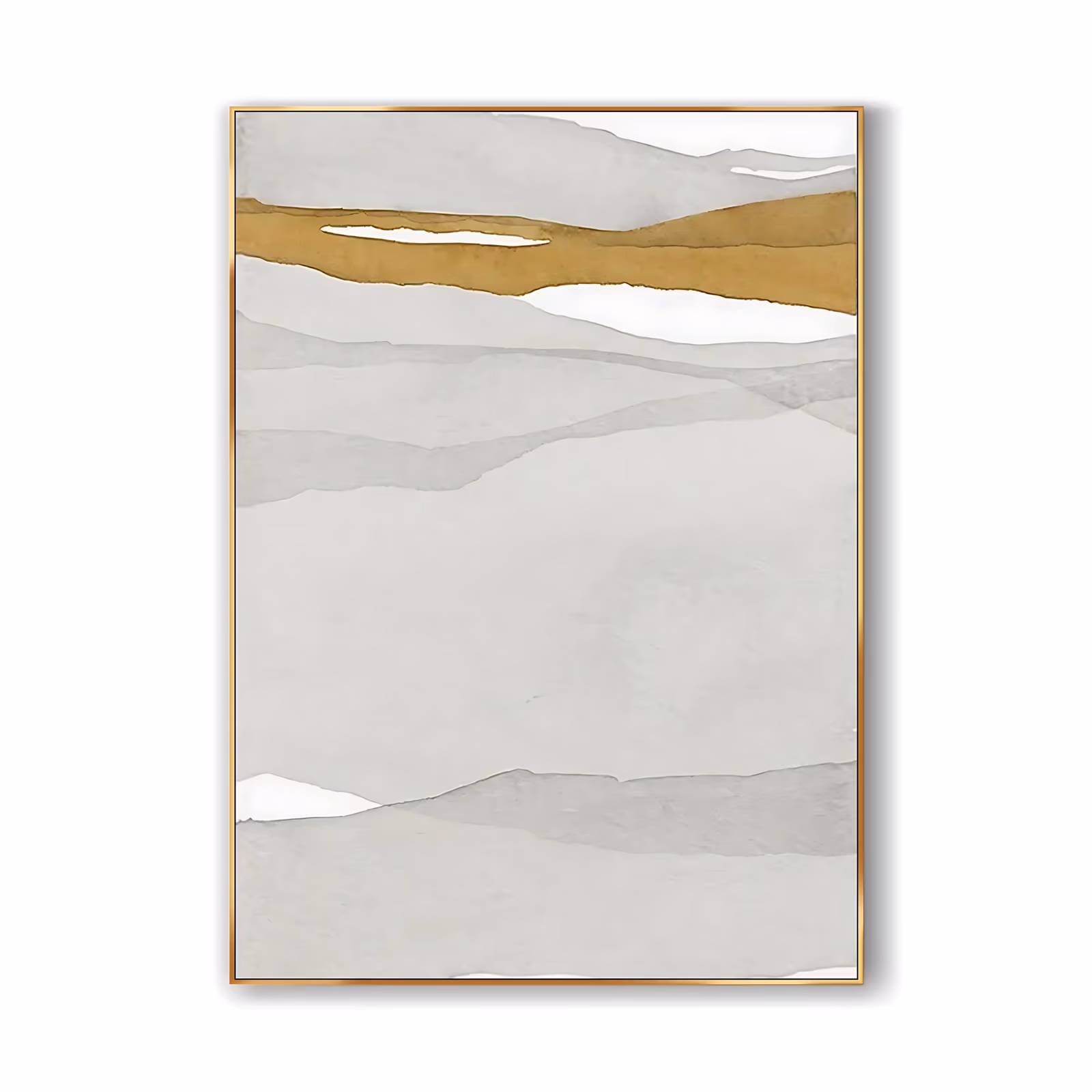 a large vertical minimalist painting of soft layered gray and white ridges stacked like distant hills, cut by a single mustard gold band near the top, painted in translucent watercolor-thin washes