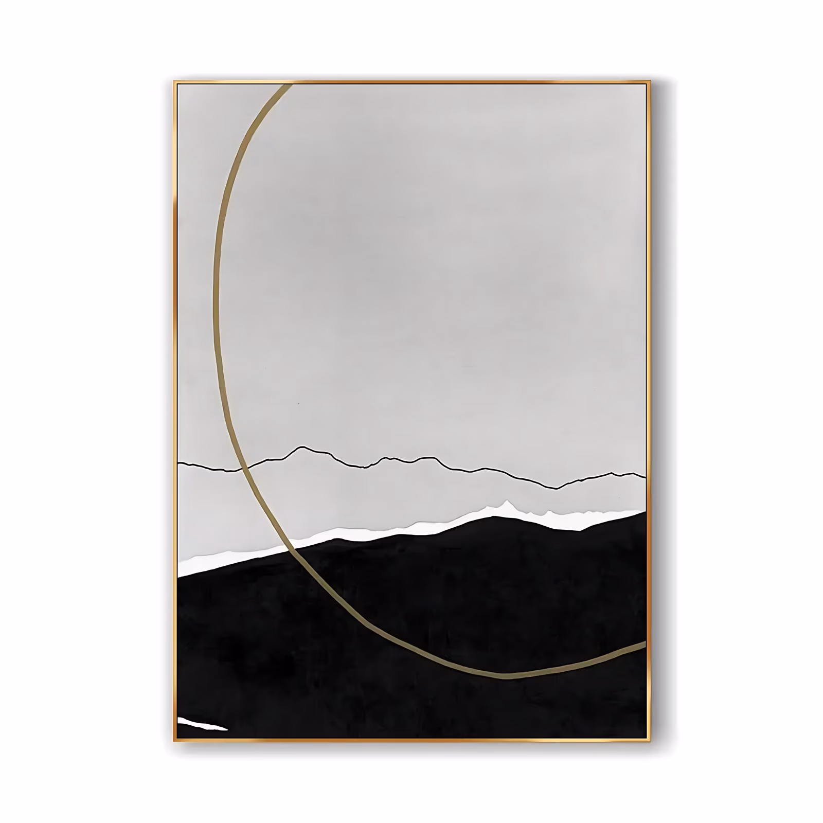 a large vertical minimalist painting of a black mountain mass under a pale gray sky, a thin torn white horizon between them and a slim antique gold arc curving down the left side, in flat matte paint