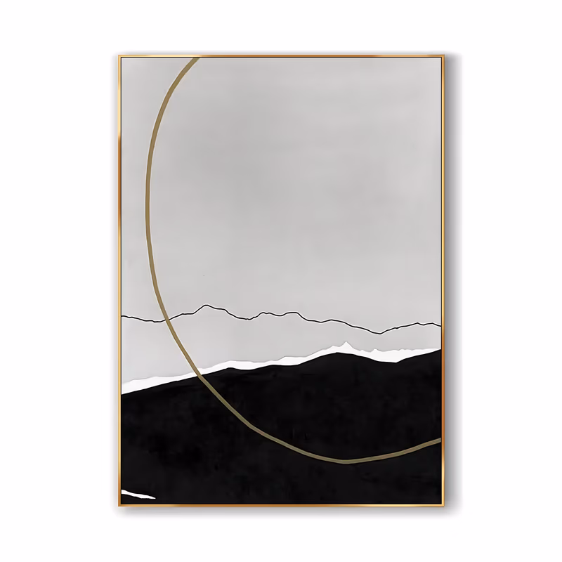 a large vertical minimalist painting of a black mountain mass under a pale gray sky, a thin torn white horizon between them and a slim antique gold arc curving down the left side, in flat matte paint
