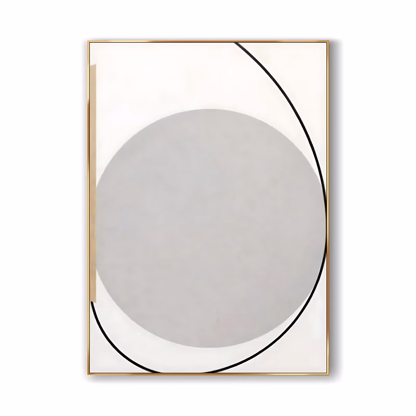a large vertical minimalist painting of one big soft gray circle filling the lower center of an off-white ground, with a single thin black arc curving around it from the top right corner, in flat matte acrylic