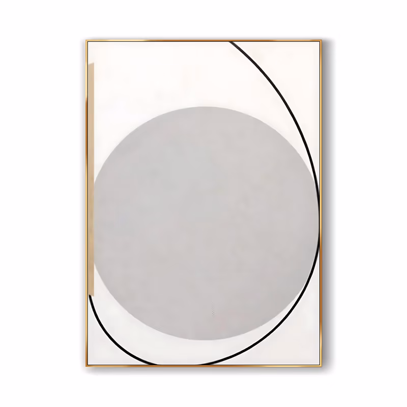 a large vertical minimalist painting of one big soft gray circle filling the lower center of an off-white ground, with a single thin black arc curving around it from the top right corner, in flat matte acrylic