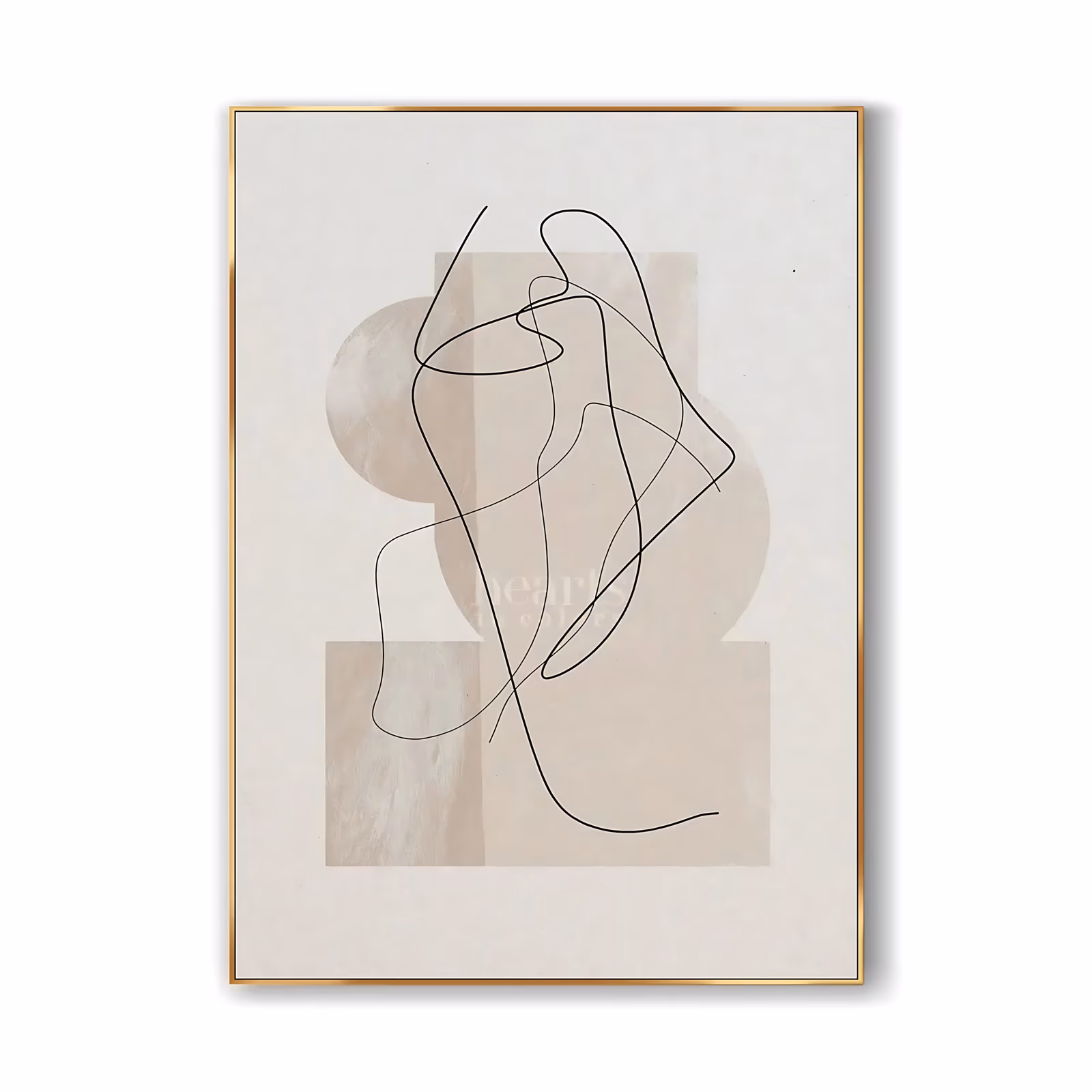 a large vertical minimalist painting of a single continuous black line looping into an abstract figure over soft beige circle and rectangle blocks, on a textured ivory ground in thin acrylic