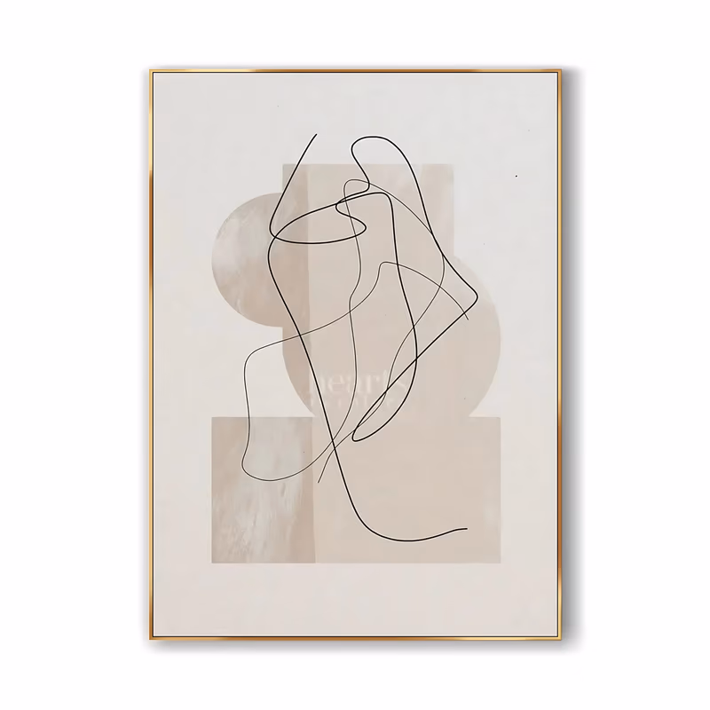 a large vertical minimalist painting of a single continuous black line looping into an abstract figure over soft beige circle and rectangle blocks, on a textured ivory ground in thin acrylic