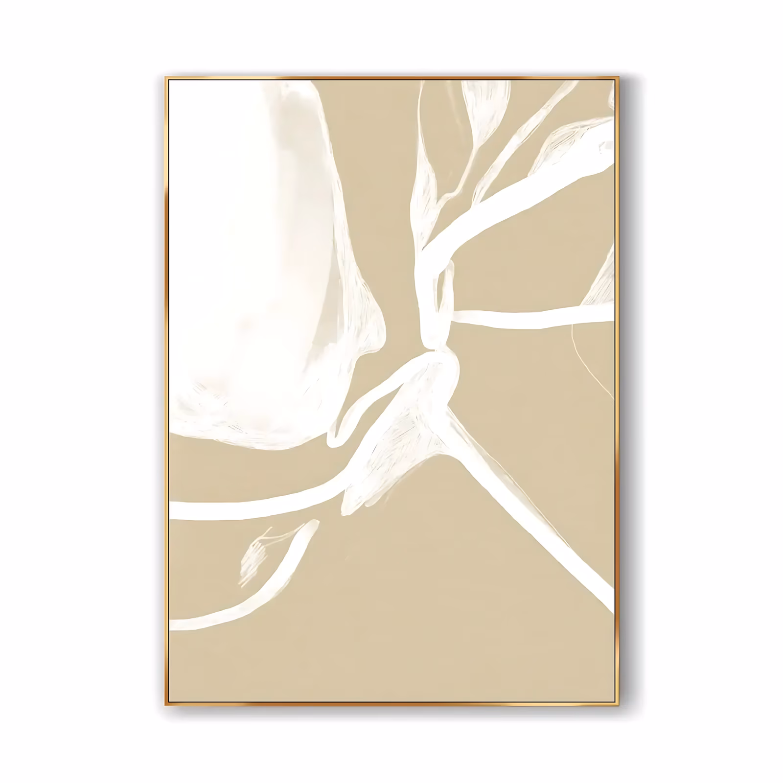 a large vertical minimalist painting of a single white magnolia bloom at the upper left with a bare branch and slim leaves reaching to the right, on a flat beige ground, in smooth hand-painted acrylic