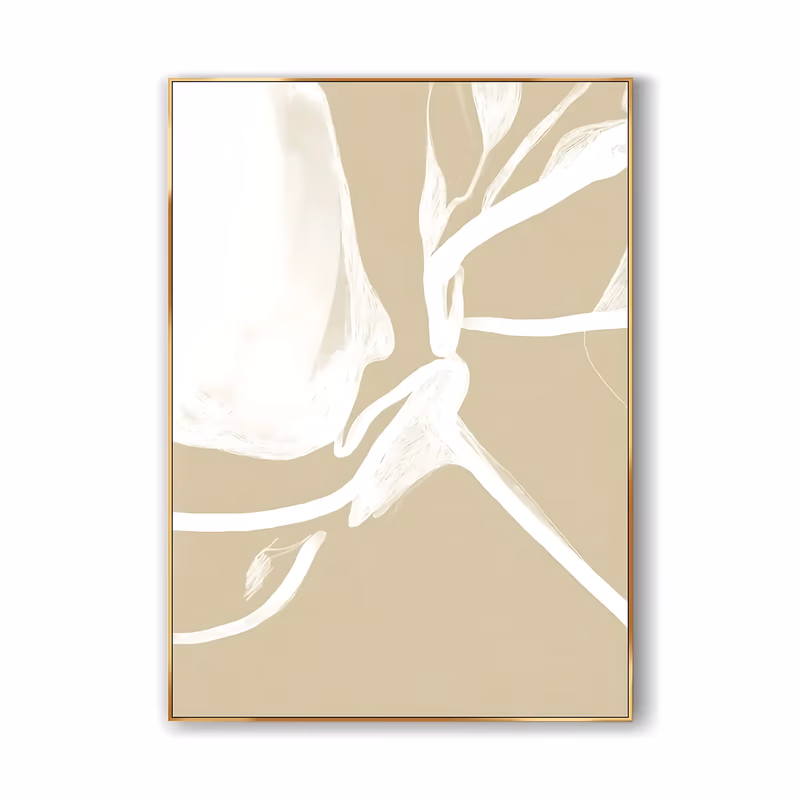 a large vertical minimalist painting of a single white magnolia bloom at the upper left with a bare branch and slim leaves reaching to the right, on a flat beige ground, in smooth hand-painted acrylic
