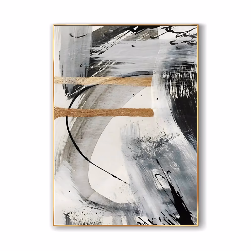 a large vertical abstract painting of broad black and gray brushstrokes sweeping over a white ground, cut by two horizontal metallic gold bars in the upper third, in dry-brushed acrylic and gold leaf