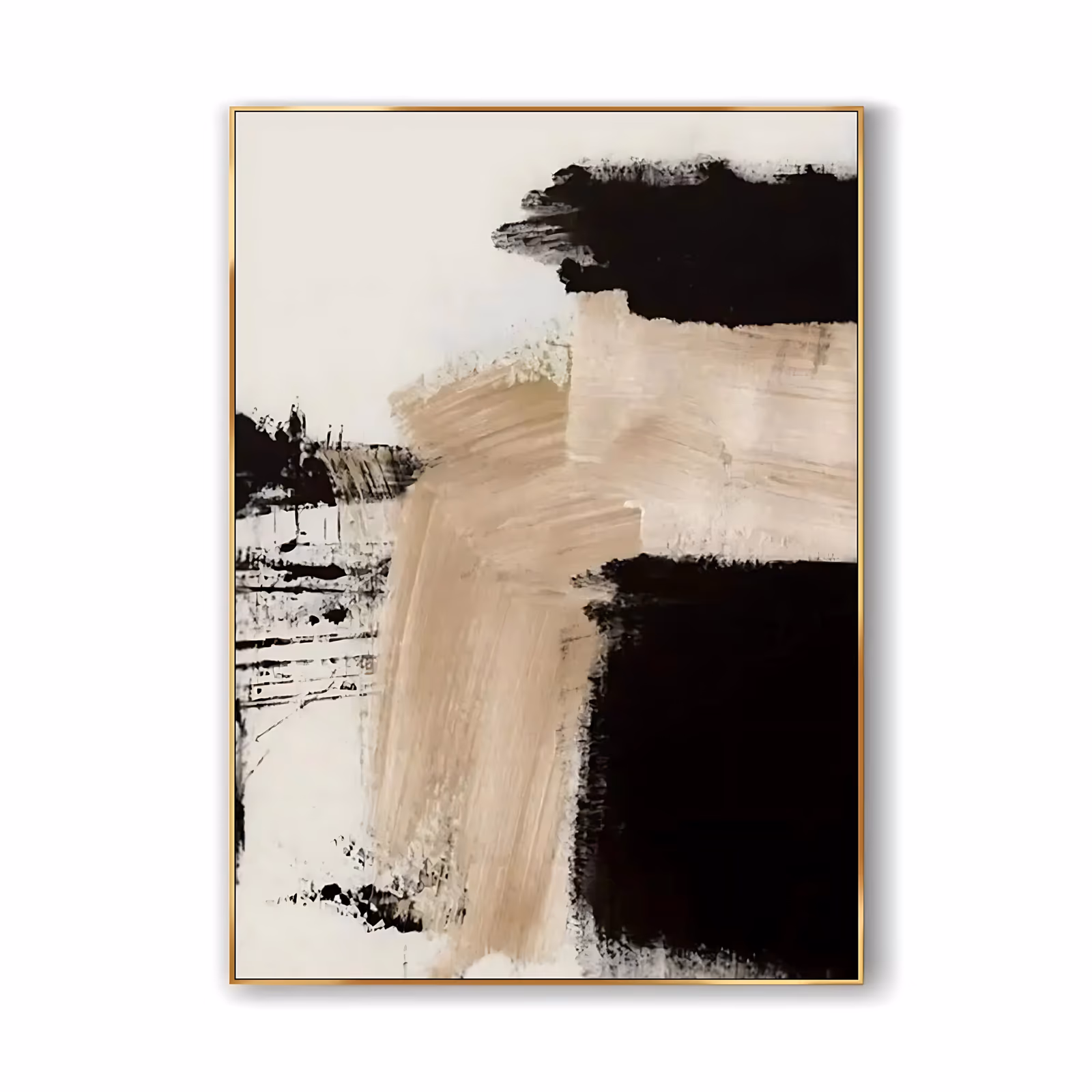 a large vertical minimalist abstract painting of a broad sand beige dry-brush block down the center, framed by dense black strokes at the top right and lower right, on a cream ground, in flat matte acrylic