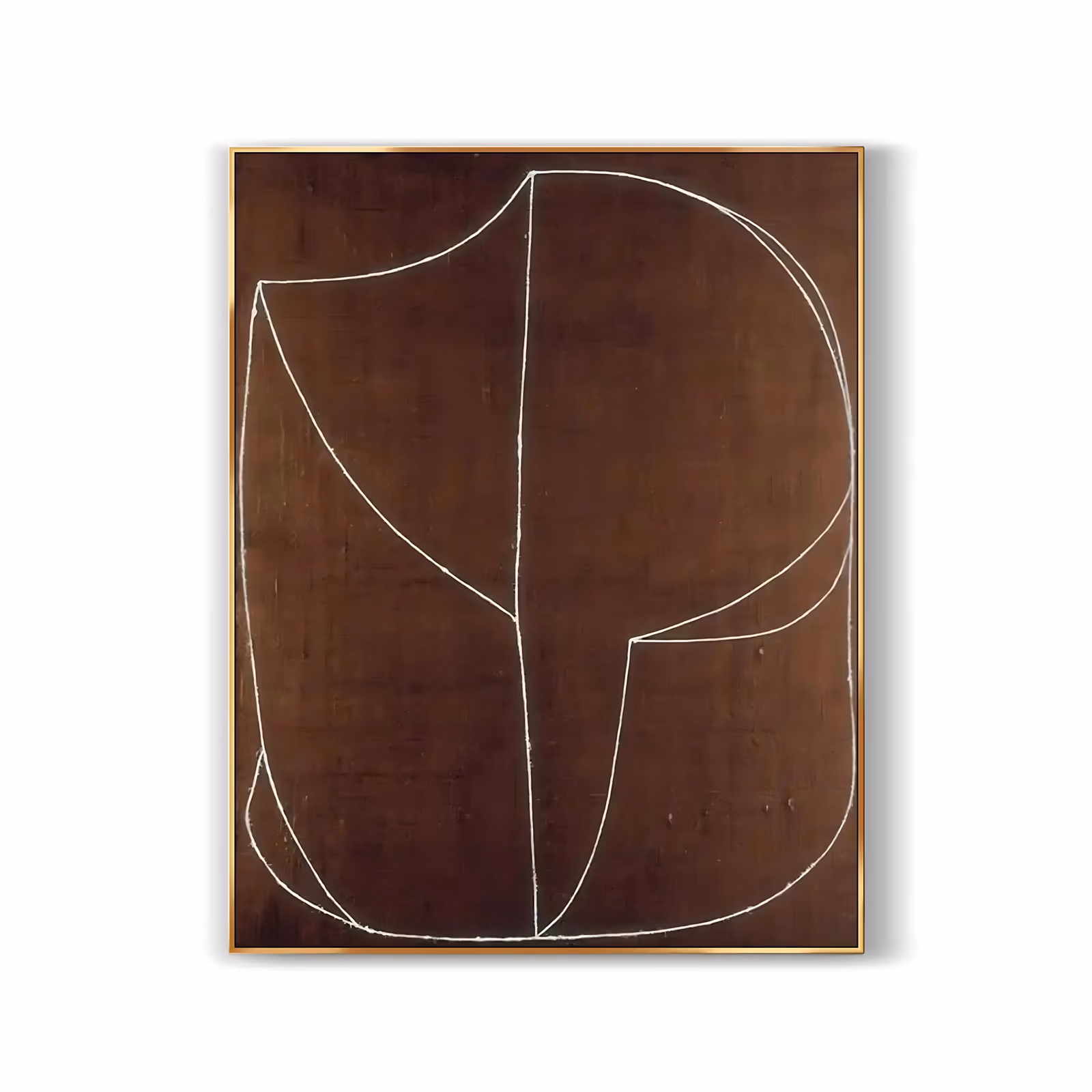 a large vertical minimalist painting of one continuous chalk-white outline drawing a rounded vessel-like shape at the center of a deep chocolate brown field, in dry matte hand-painted color