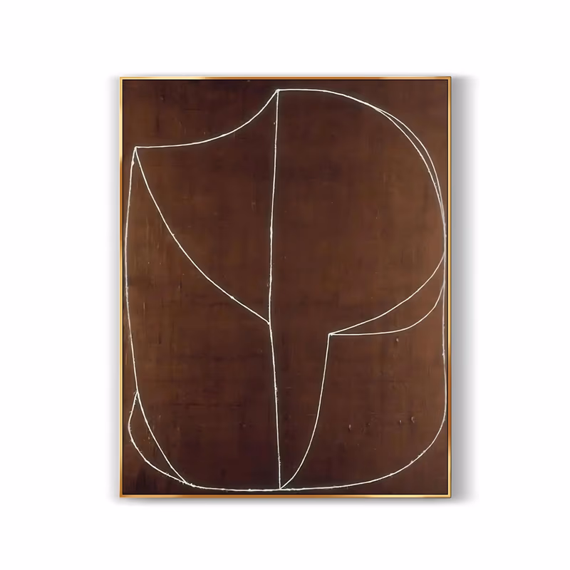 a large vertical minimalist painting of one continuous chalk-white outline drawing a rounded vessel-like shape at the center of a deep chocolate brown field, in dry matte hand-painted color
