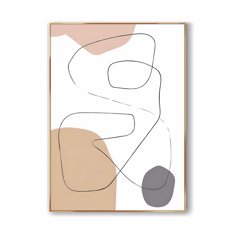 a large vertical minimalist painting of one continuous looping black line over soft blocks of dusty pink at the top, tan at the lower left and gray at the lower right, on a white ground in flat matte paint
