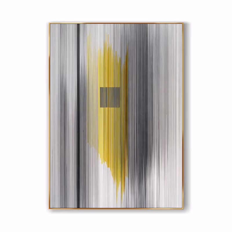 a large vertical minimalist painting of fine combed gray and white stripes running top to bottom, with a soft yellow band down the middle and a small solid gray square near the center, in flat thin acrylic