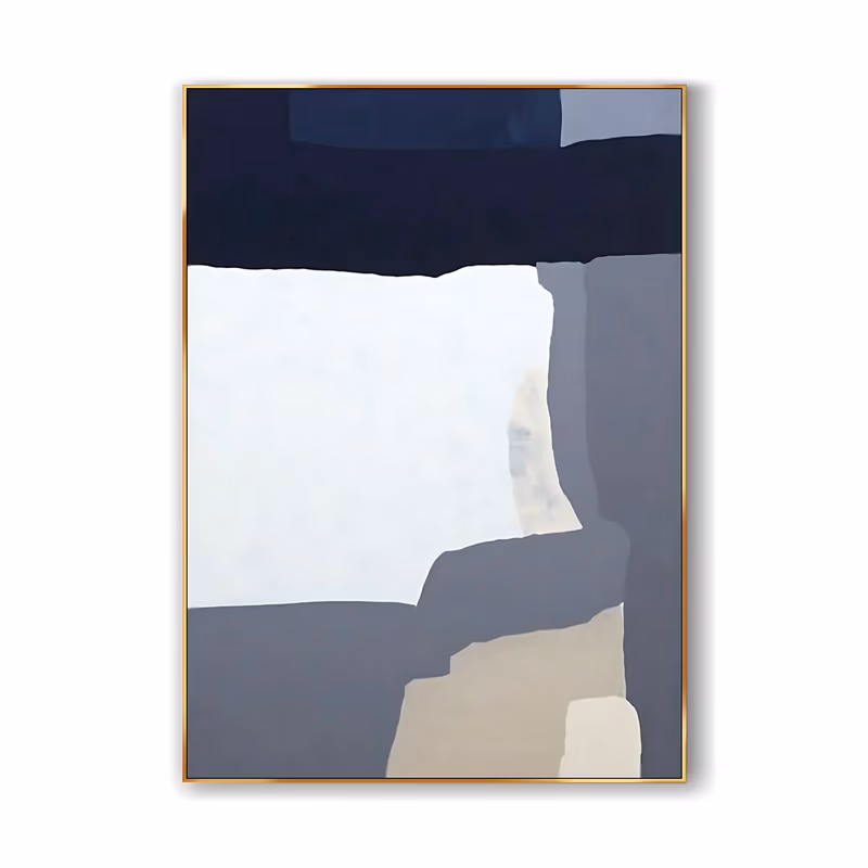 a large vertical minimalist painting built from flat color blocks, a dark navy band along the top, a soft white rectangle at center left and gray and sand fields on the right, in smooth matte acrylic