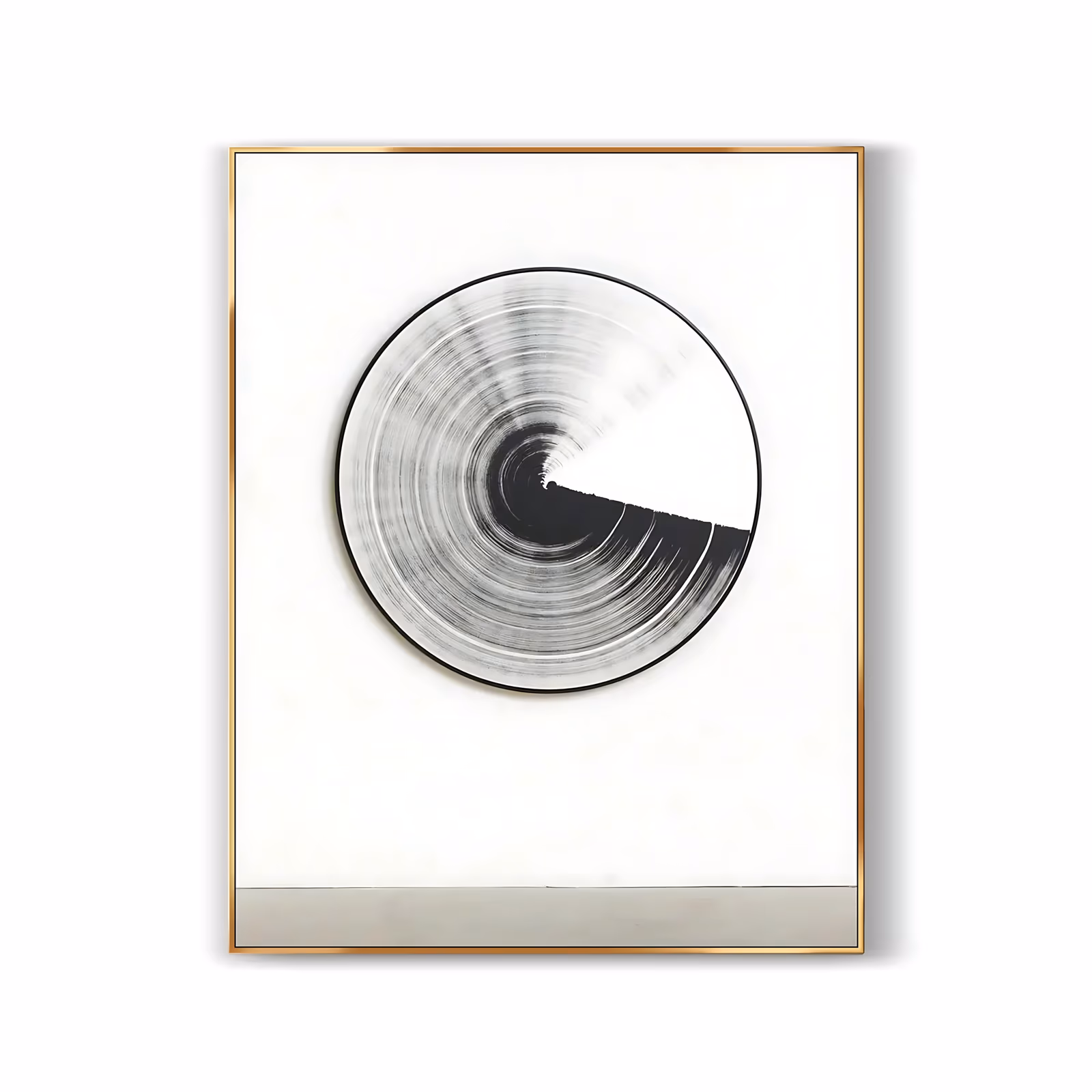 a large vertical minimalist painting of a single disc set high on a white ground, its gray radial brushmarks spinning out from a small center with one solid black wedge below, in thin dry brushed paint