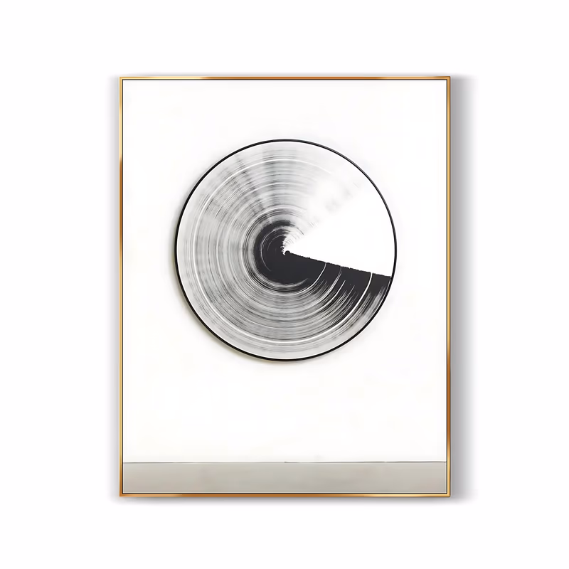 a large vertical minimalist painting of a single disc set high on a white ground, its gray radial brushmarks spinning out from a small center with one solid black wedge below, in thin dry brushed paint