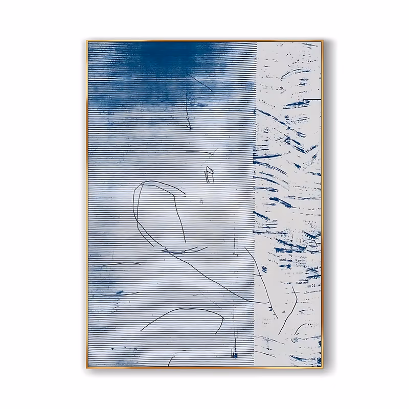 a large vertical abstract painting of fine indigo horizontal combing that fades from deep blue at the top to pale gray, with loose scribbled outlines and a scraped white band down the right edge, in hand-painted acrylic