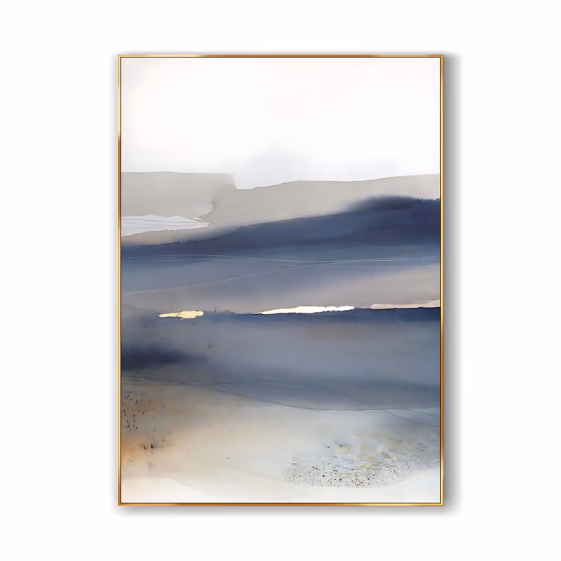 a large vertical minimalist landscape painting of a soft watercolor horizon, with a pale sky over a beige sandbar, deep slate blue water and a thin gold streak of light at the midpoint, in flat washed acrylic