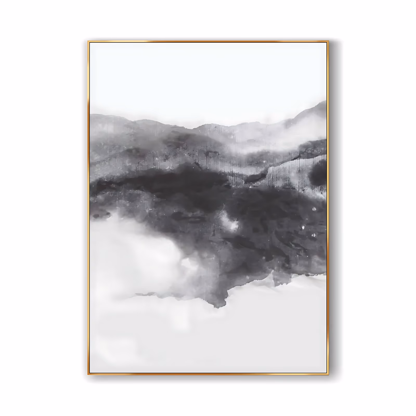a large vertical minimalist painting of dark ink-wash mountain ridges spreading through the middle of a white ground, softened edges bleeding into pale mist above and below, in gray and black ink-style washes