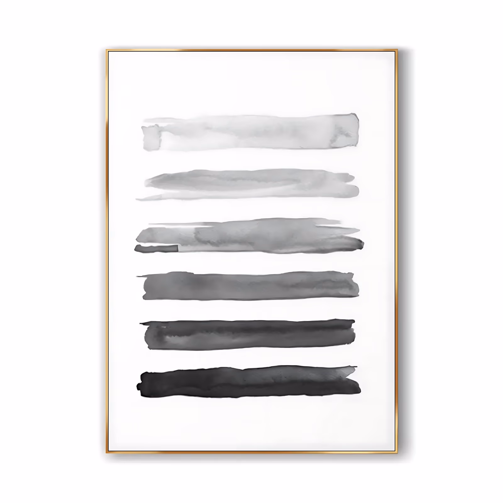 a large vertical minimalist painting of six horizontal brushed bars stacked evenly on a white ground, grading from the palest gray at the top to dense black at the bottom, in thin translucent ink wash