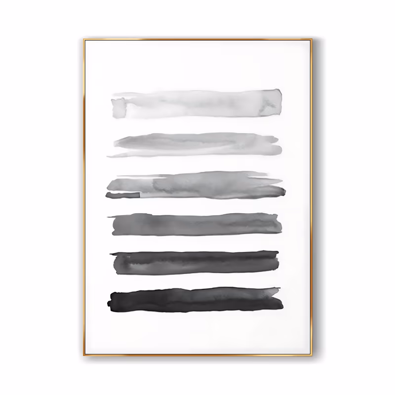 a large vertical minimalist painting of six horizontal brushed bars stacked evenly on a white ground, grading from the palest gray at the top to dense black at the bottom, in thin translucent ink wash