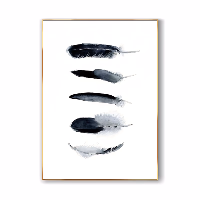 a large vertical minimalist painting of five ink-wash feathers stacked one above another down the center of a plain cream ground, their barbs dissolving from dense black into pale gray, in loose watercolor