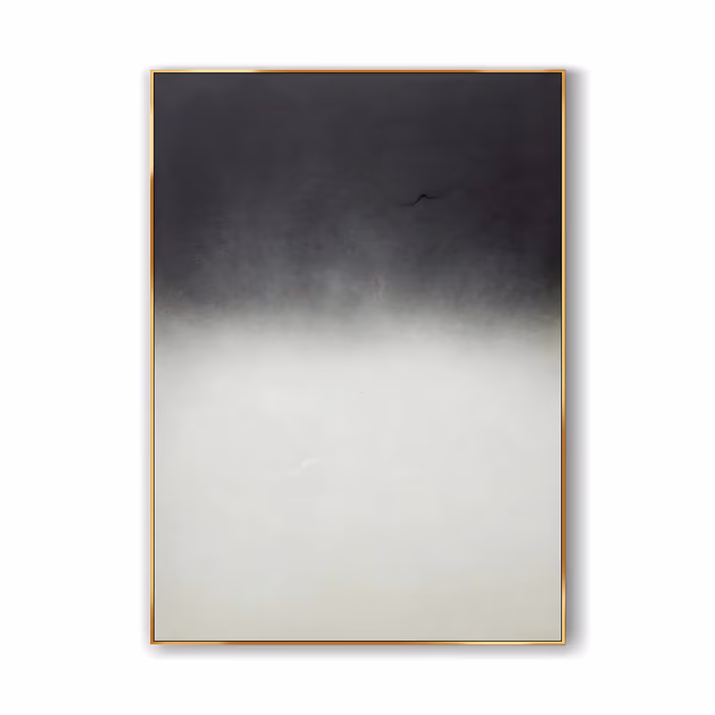 a large vertical minimalist painting of a soft charcoal sky fading down into a warm cream horizon, with one tiny dark bird mark near the upper right, in fine sprayed and hand-blended paint