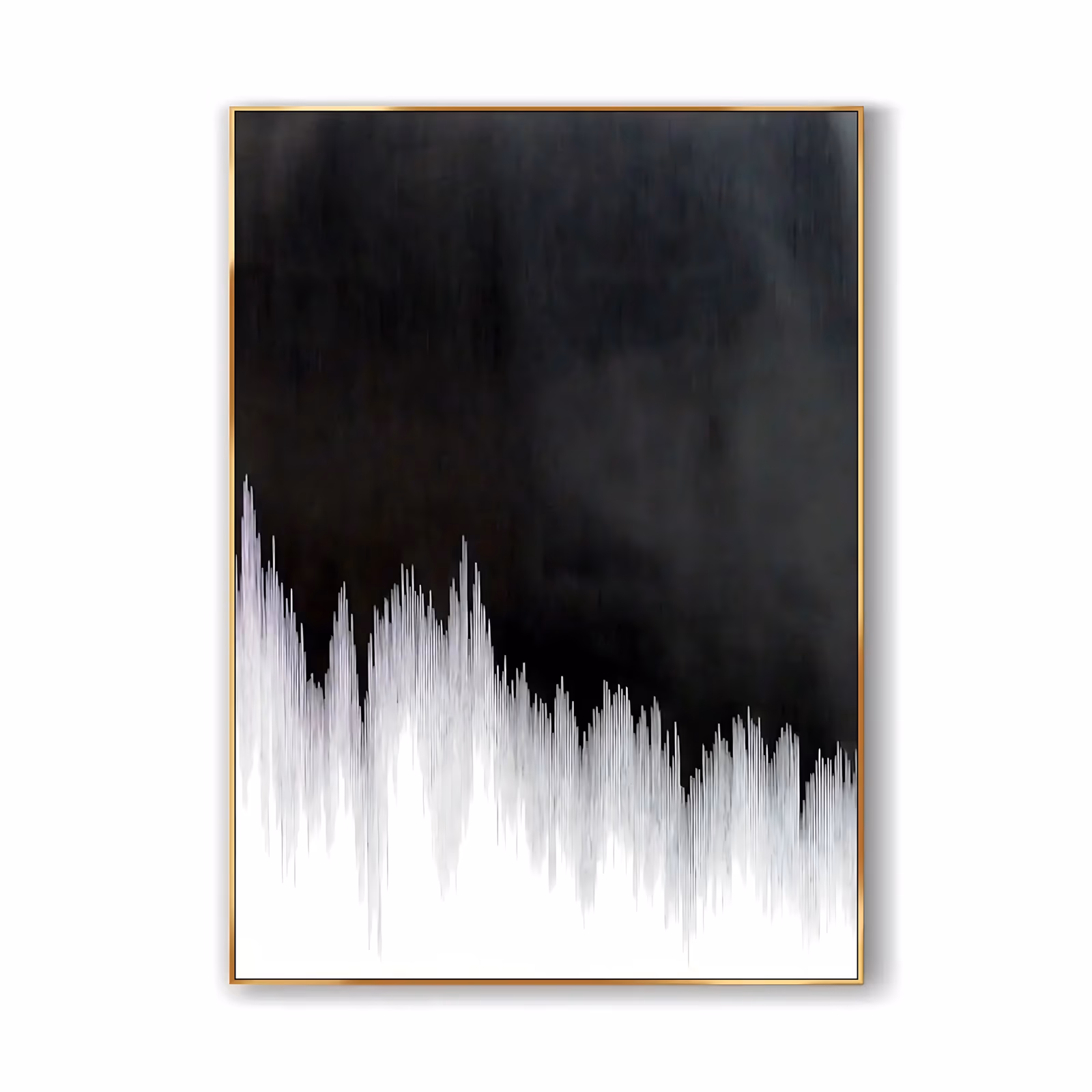 a large vertical minimalist painting of a soft black field covering the upper two thirds, meeting a torn fringe of fine white strokes that rise from the lower edge like frost, in thin dry brushed paint