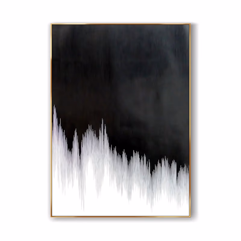 a large vertical minimalist painting of a soft black field covering the upper two thirds, meeting a torn fringe of fine white strokes that rise from the lower edge like frost, in thin dry brushed paint