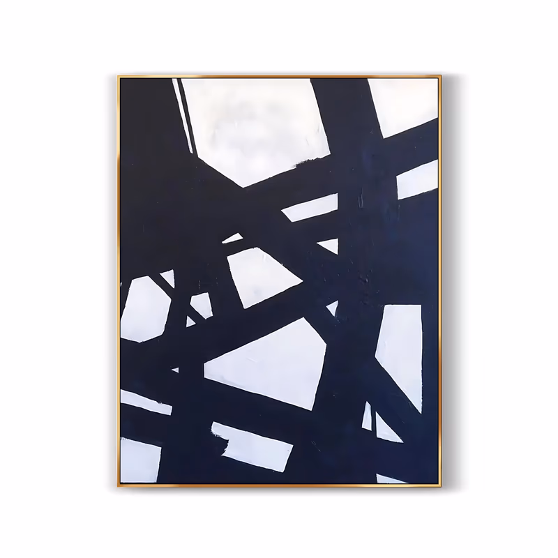 a large vertical abstract painting of broad black bars crossing each other over a white ground, leaving angular white shards and triangles between them, in flat hand-painted acrylic with a fine gold frame