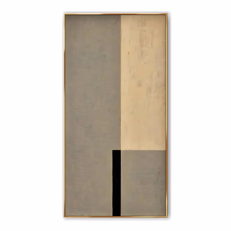 a large tall vertical minimalist painting divided into a warm gray field on the left, a soft beige column on the right and a short black bar near the base, the pigment brushed thin over visible canvas weave