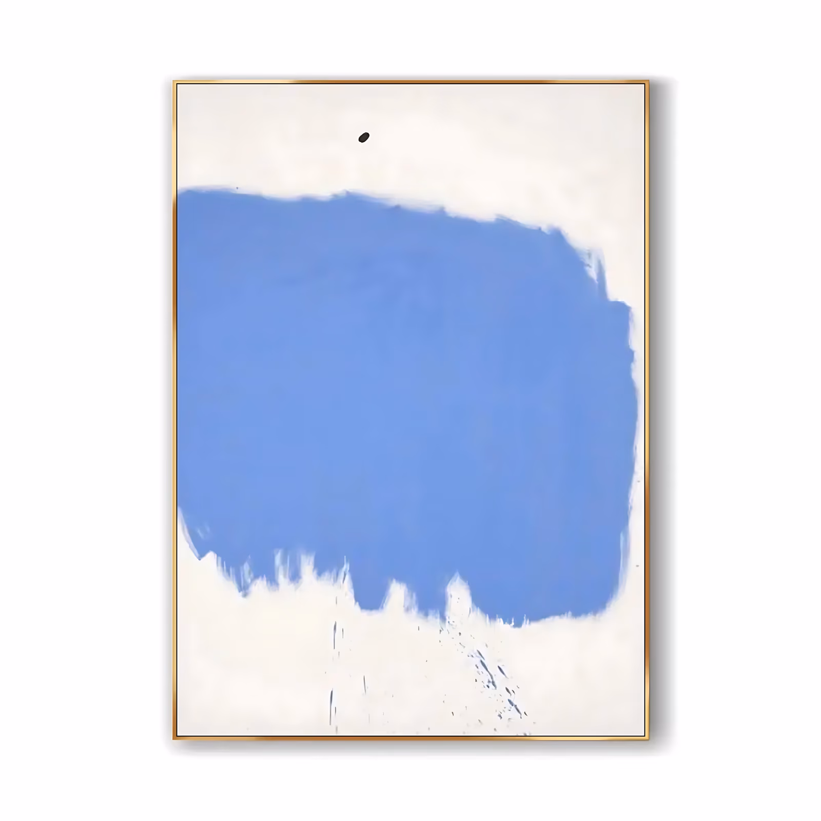 a large vertical minimalist painting of one broad cornflower blue block brushed onto a white ground, its lower edge breaking into dry streaks and flecks, with a single small black dot floating above it, in flat acrylic