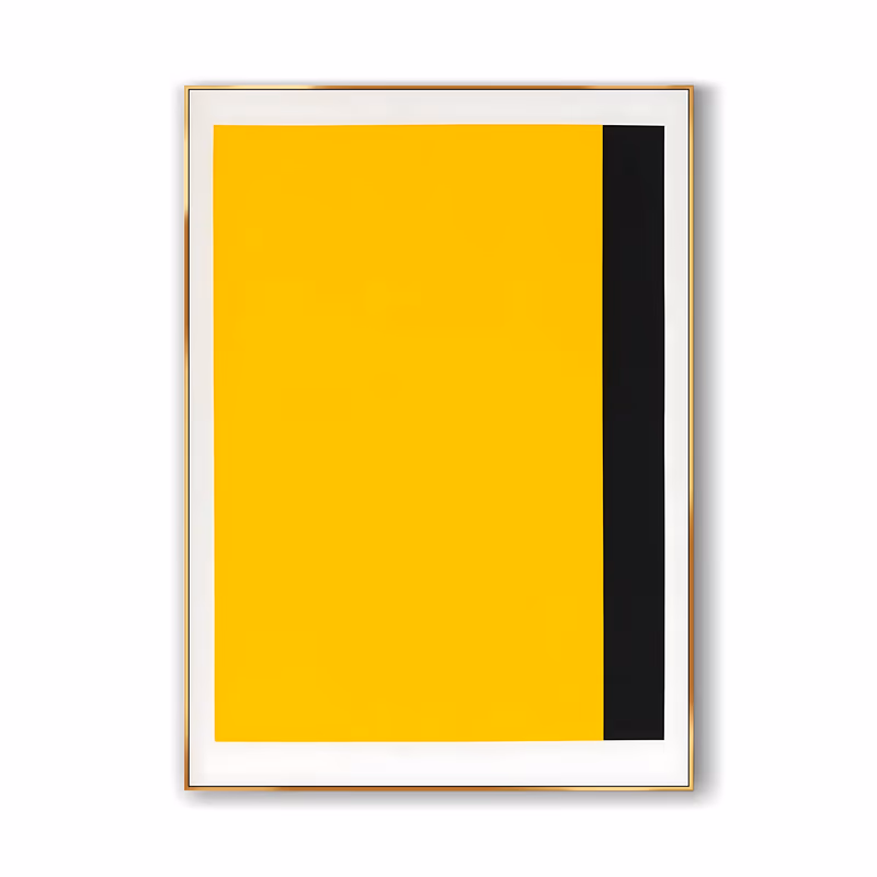 a large vertical minimalist painting of a flat saturated yellow rectangle filling most of the frame, with a narrow black vertical band down the right side and a wide white border around it, in smooth matte acrylic