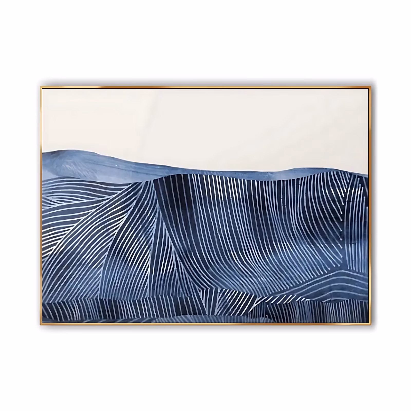 a large horizontal minimalist relief painting of indigo and steel blue dune ridges filling the lower two thirds of the frame, combed with fine parallel lines under a bare cream sky, in carved plaster