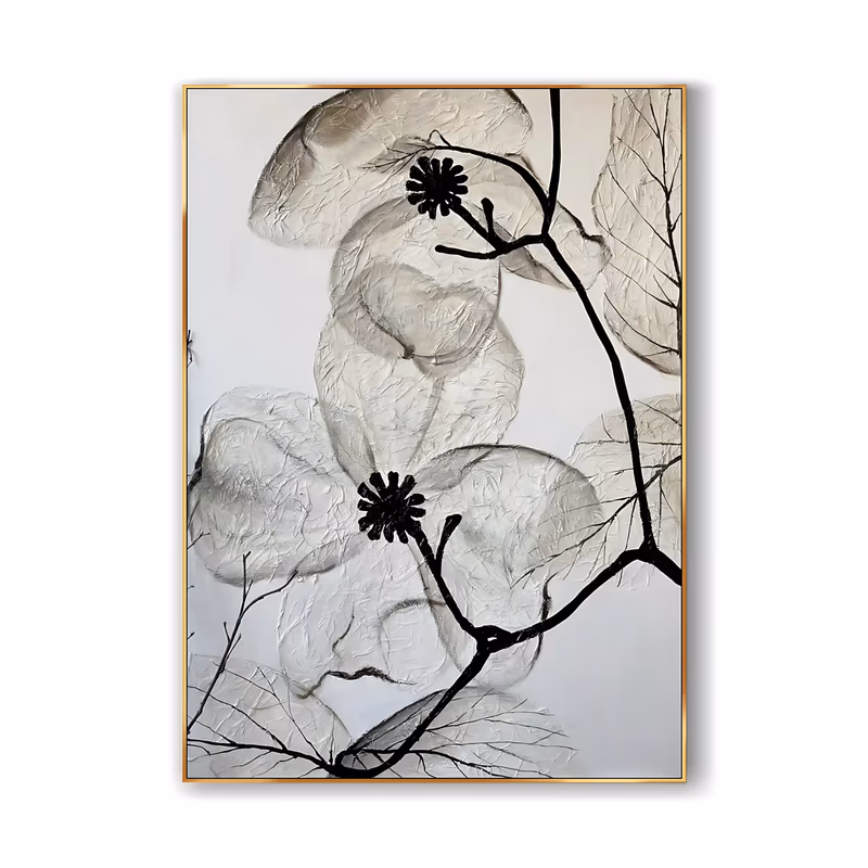 a large vertical relief painting of overlapping translucent white leaves in crinkled paper-like sculpted texture, crossed by thin black painted branches and two black spiky seed heads, on a soft white ground