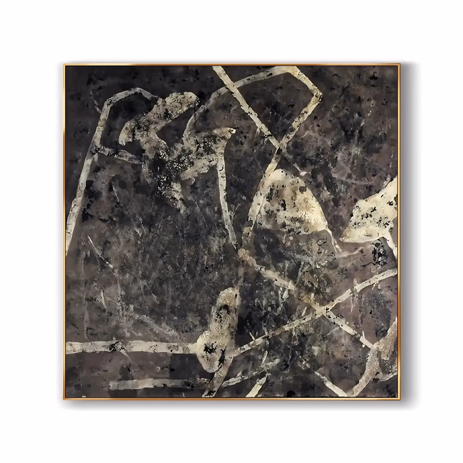 a large square abstract painting of a mottled dark brown and charcoal ground crossed by pale bone white angular ribbons that fold through the center, in thick palette-knife impasto