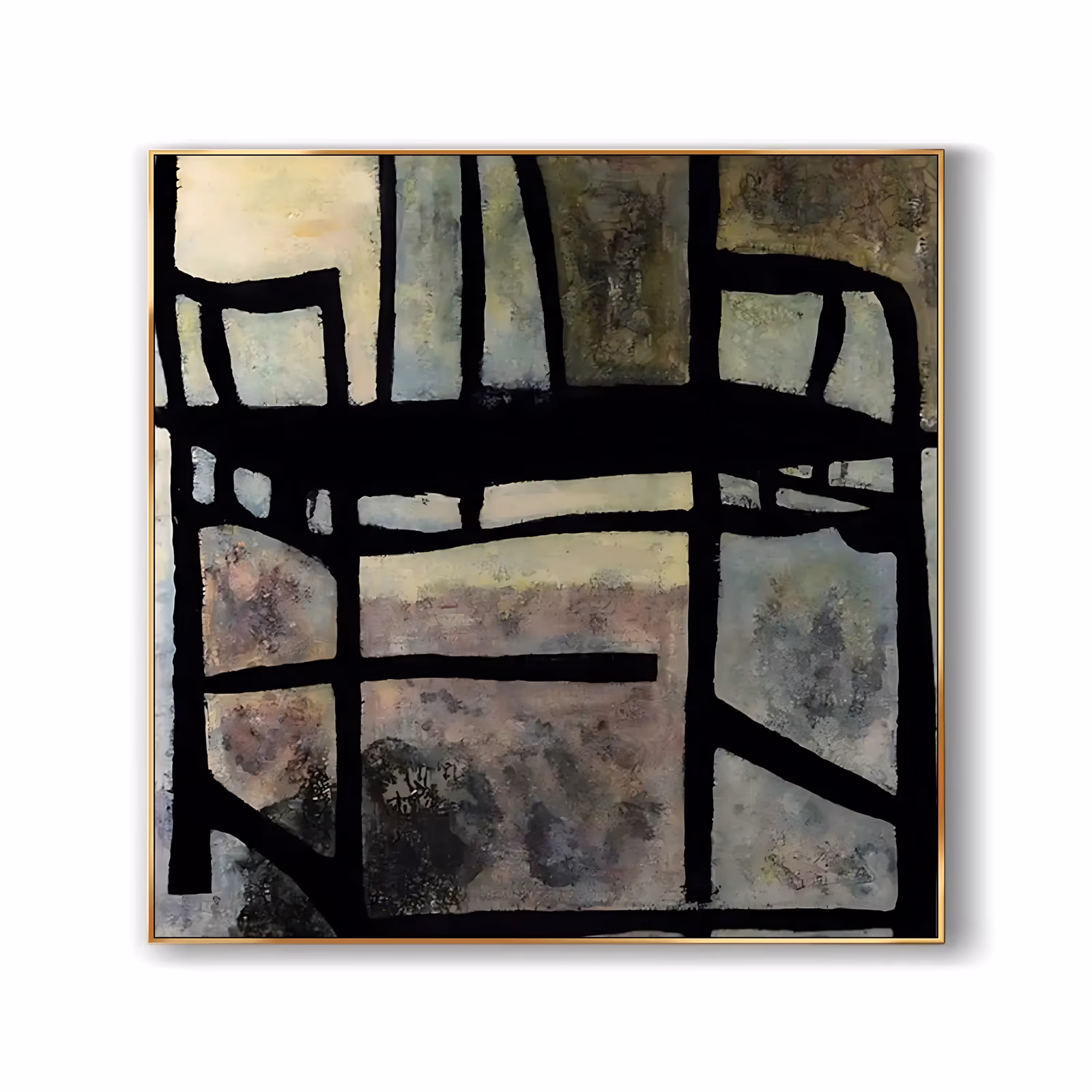 a large square abstract painting of thick black grid lines dividing the canvas into panes of muted olive, sage gray, cream and dusty mauve, each pane mottled and weathered, in textured impasto acrylic