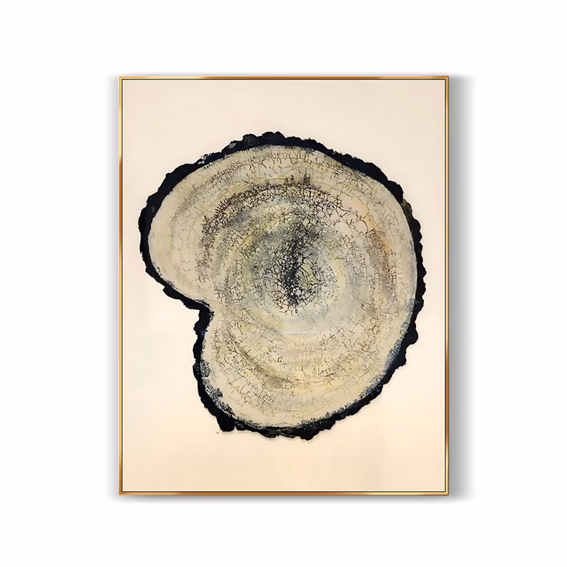 a large vertical minimalist painting of one tree trunk cross-section centered on a cream ground, its pale gold growth rings drawn in fine cracked lines inside a rough black bark edge, in thin hand-painted layers