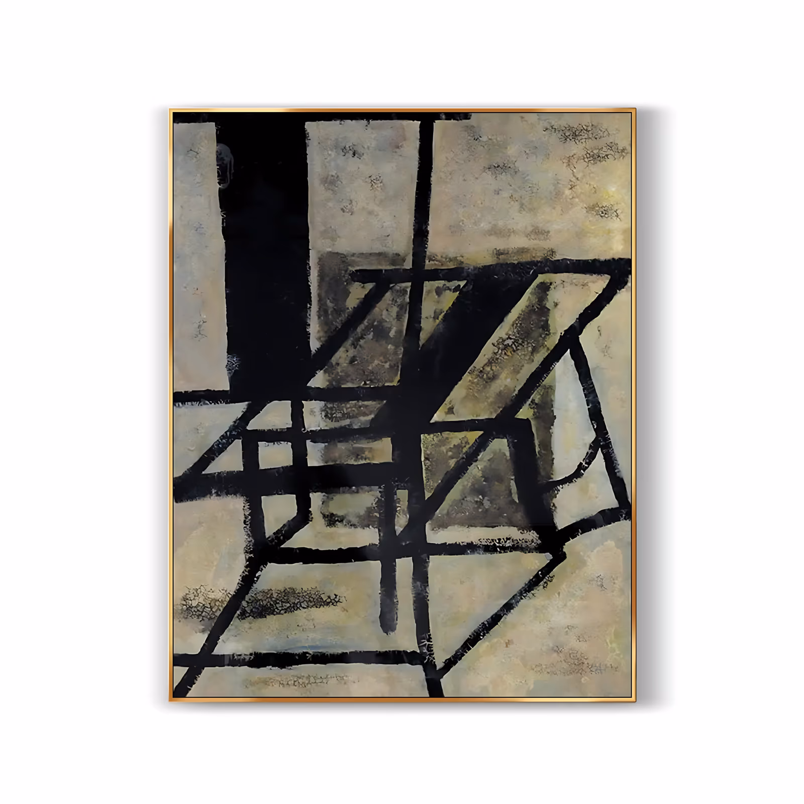 a large vertical abstract painting of heavy black lines cutting a mottled beige, olive and pale gray field into angular planes, with a dark block in the upper left, in flat weathered oil