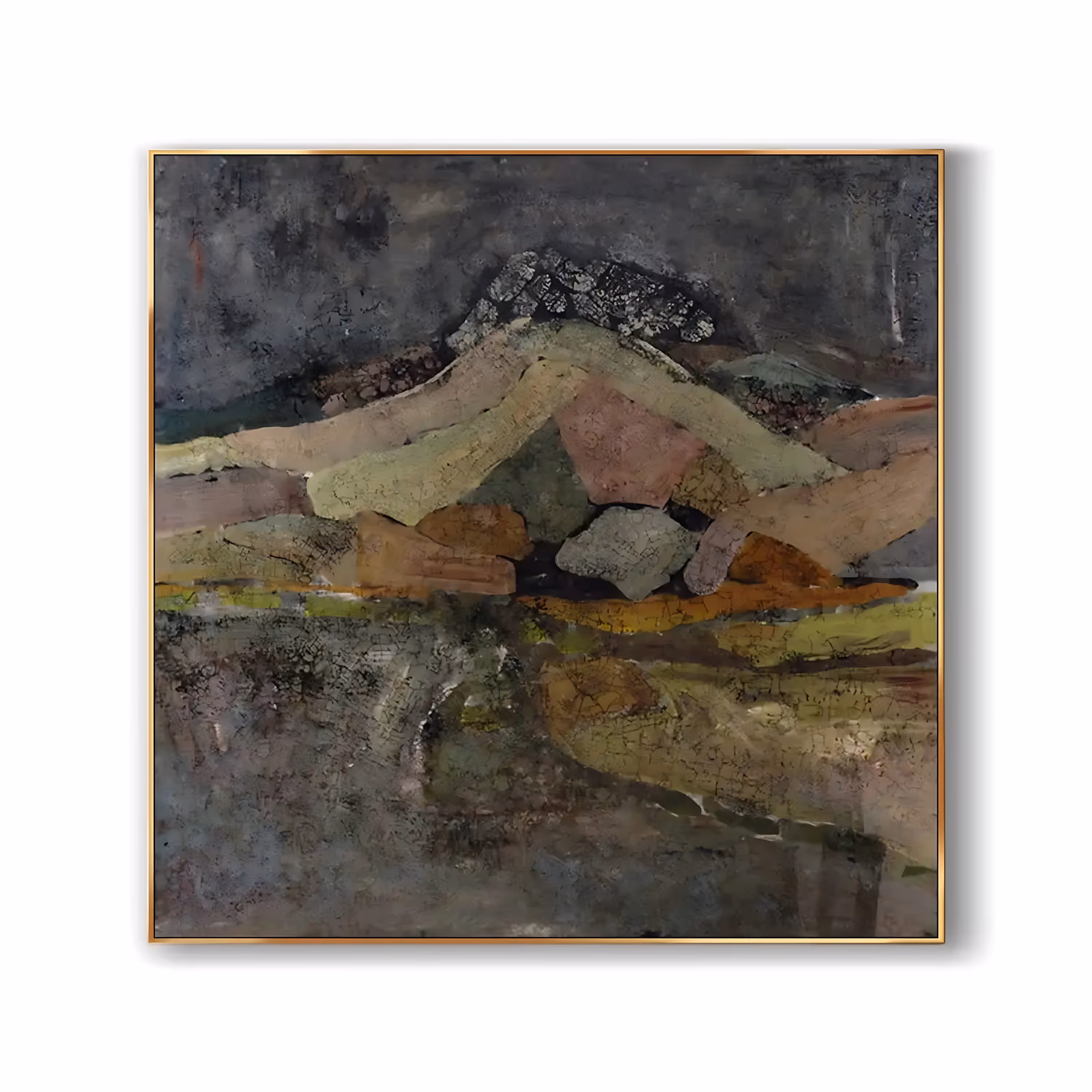 a square wabi-sabi painting of a mountain peak mirrored in still dark water, in olive green, dusty rose and ochre under a charcoal gray sky, with a crackled sun-baked surface