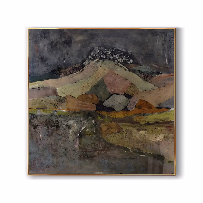 a square wabi-sabi painting of a mountain peak mirrored in still dark water, in olive green, dusty rose and ochre under a charcoal gray sky, with a crackled sun-baked surface