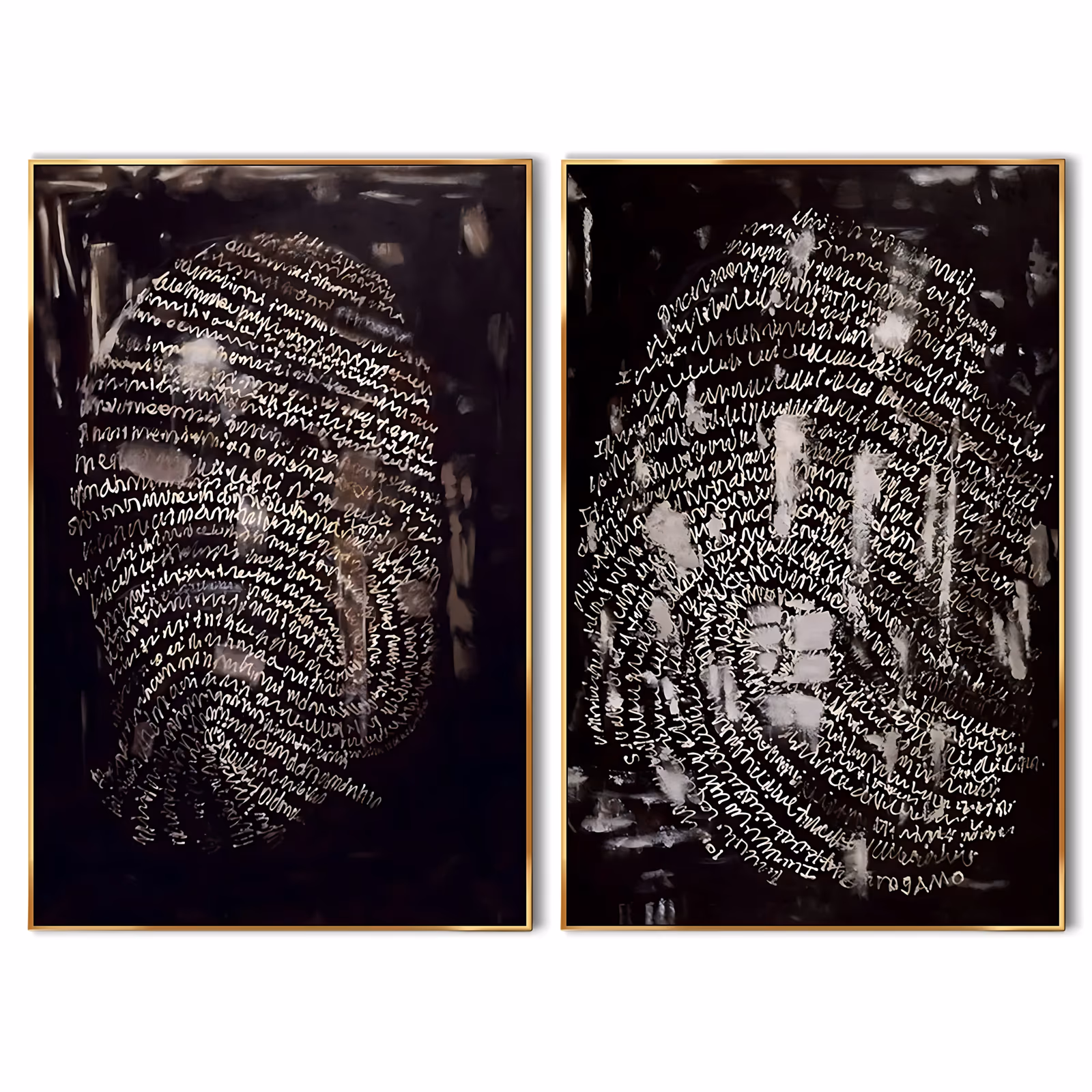 a set of two large vertical abstract paintings on black grounds, each covered in rows of white handwritten script that curve into a giant fingerprint oval, with warm brown and chalk white marks, in hand-painted acrylic